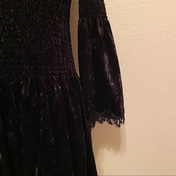 Kobi Halperin Strapless Smocked Crushed Velvet Black Lace Sleeve Dress Small NWT - Picture 6 of 17